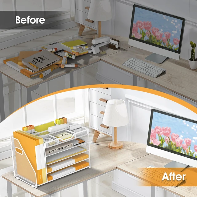 Alt view image 5 of 7 - 5 Tier Paper Letter Tray Desk Organizer with Pen Holders - White
Features 3 pen holders and 4 removable dividers.Versatile mesh desktop storage for mail, document,office supplie