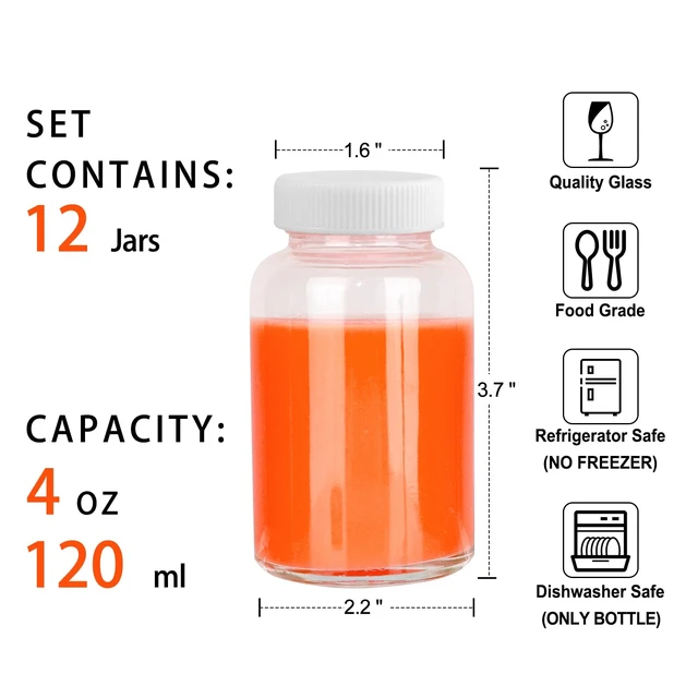 Alt view image 2 of 7 - 12 Pack 4oz Glass Shot Bottles with Caps, 120ml Juice Shot Bottles
Empty Wellness Shot Bottles, Reusable Small Clear Glass Jars with Lids for Juice, Ginger, Shots and Homemade Beverages