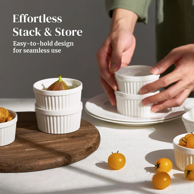 Alt view image 5 of 7 - 4 oz Ceramic Ramekins Set of 6, Oven Safe Souffle Dishes for Air Fryer Baking, Mini Round Baking Cups for Creme Brulee, Dipping Sauces, Desserts and Prep Bowls, White