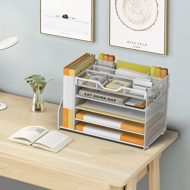 Alt view image 6 of 7 - 5 Tier Paper Letter Tray Desk Organizer with Pen Holders - White
Features 3 pen holders and 4 removable dividers.Versatile mesh desktop storage for mail, document,office supplie