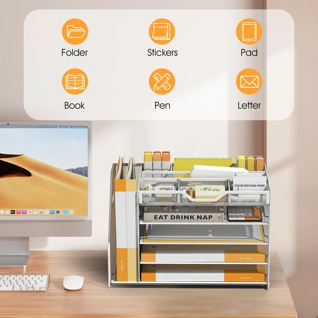 Alt view image 7 of 7 - 5 Tier Paper Letter Tray Desk Organizer with Pen Holders - White
Features 3 pen holders and 4 removable dividers.Versatile mesh desktop storage for mail, document,office supplie