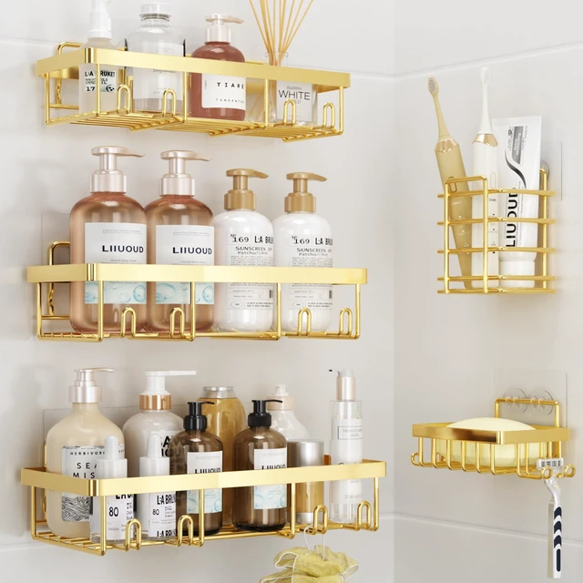 Main image of 5 Pack Shower Caddy for Inside Shower, Gold Bathroom Storage Decor
Large Rustproof Stainless Steel Organizer with Strong Adhesive, No Drilling Wall Mounted Shelves, Bathroom Accessory Set
