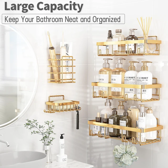 Alt view image 2 of 7 - 5 Pack Shower Caddy for Inside Shower, Gold Bathroom Storage Decor
Large Rustproof Stainless Steel Organizer with Strong Adhesive, No Drilling Wall Mounted Shelves, Bathroom Accessory Set