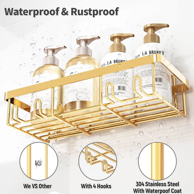 Alt view image 3 of 7 - 5 Pack Shower Caddy for Inside Shower, Gold Bathroom Storage Decor
Large Rustproof Stainless Steel Organizer with Strong Adhesive, No Drilling Wall Mounted Shelves, Bathroom Accessory Set