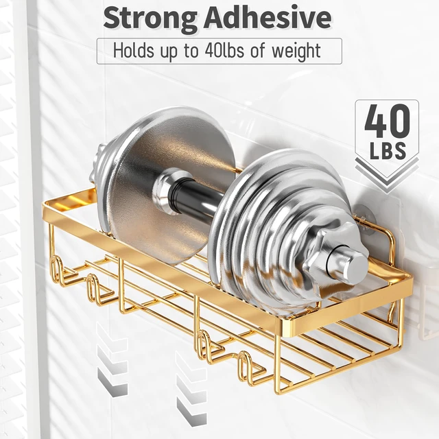 Alt view image 4 of 7 - 5 Pack Shower Caddy for Inside Shower, Gold Bathroom Storage Decor
Large Rustproof Stainless Steel Organizer with Strong Adhesive, No Drilling Wall Mounted Shelves, Bathroom Accessory Set