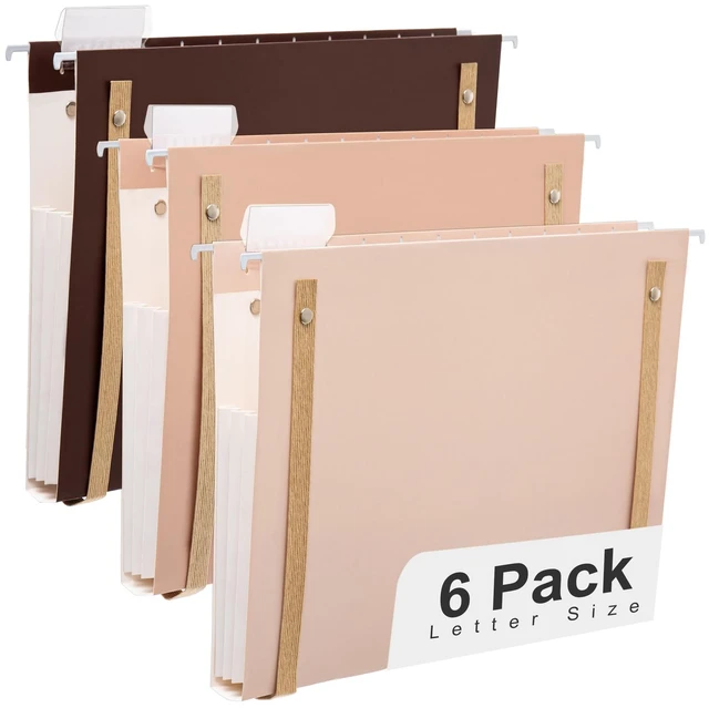 Main image of 6 Pack Extra Capacity Hanging File Folders with Handle Letter Size Accordion Decorative Reinforced File Folder Cute Colored Expandable Portable Folder with 1/5-Cut Adjustable Tabs, Coco Mocha