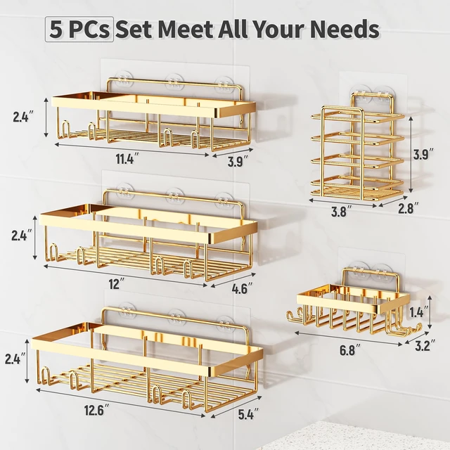 Alt view image 5 of 7 - 5 Pack Shower Caddy for Inside Shower, Gold Bathroom Storage Decor
Large Rustproof Stainless Steel Organizer with Strong Adhesive, No Drilling Wall Mounted Shelves, Bathroom Accessory Set