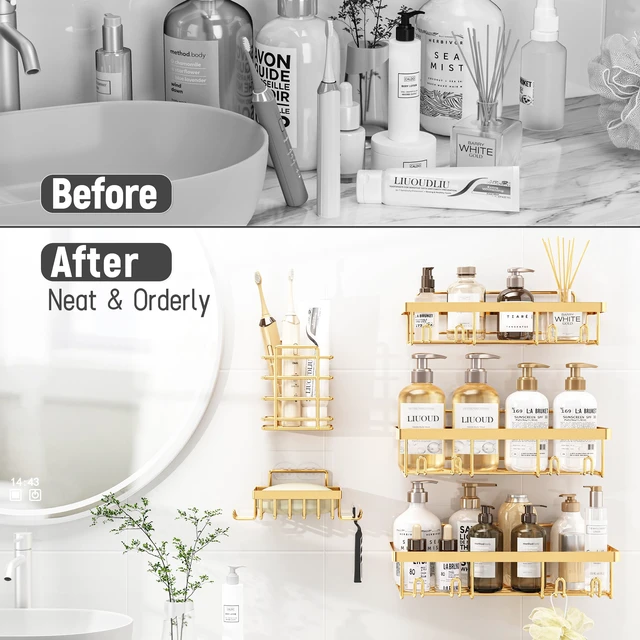 Alt view image 6 of 7 - 5 Pack Shower Caddy for Inside Shower, Gold Bathroom Storage Decor
Large Rustproof Stainless Steel Organizer with Strong Adhesive, No Drilling Wall Mounted Shelves, Bathroom Accessory Set
