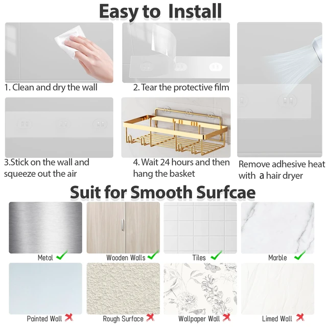 Alt view image 7 of 7 - 5 Pack Shower Caddy for Inside Shower, Gold Bathroom Storage Decor
Large Rustproof Stainless Steel Organizer with Strong Adhesive, No Drilling Wall Mounted Shelves, Bathroom Accessory Set