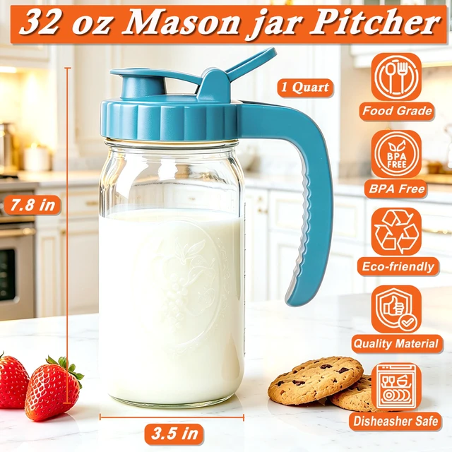 Alt view image 5 of 7 - ar Pitcher With Pour Spout Lid 32 Oz Glass Breastmilk Storage Wide Mouth Airtight & Leakproof Water Jug With Flip Cap For Cold Brew Coffee Iced Tea Sun Tea Lemonade Juice Beverages
