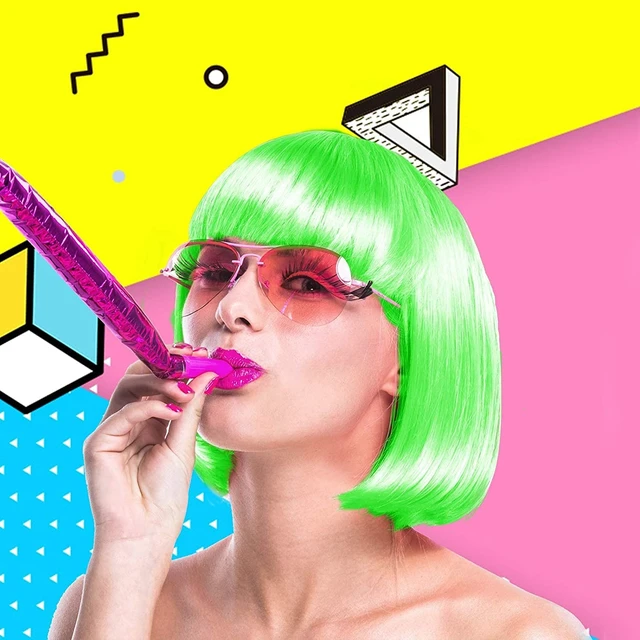 Alt view image 2 of 7 - 4 Pieces Colorful Wigs,Cosplay Wigs 12 Straight with Flat Bangs,Neon Colored Wig for Women Girl Party Favors Bachelorette Party Night Club Come with Extra Wig Cap (Sunglasses)