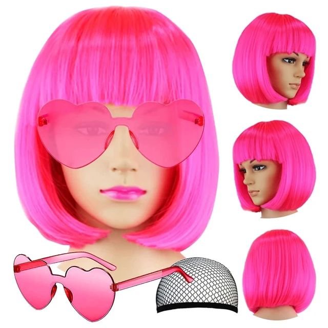 Alt view image 3 of 7 - 4 Pieces Colorful Wigs,Cosplay Wigs 12 Straight with Flat Bangs,Neon Colored Wig for Women Girl Party Favors Bachelorette Party Night Club Come with Extra Wig Cap (Sunglasses)