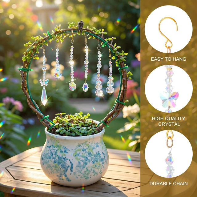 Alt view image 4 of 6 - 6 Pcs Crystal Suncatchers Plant Decorations Charms Hanging Prisms for Window Indoor Garden Plant Pot Holder Hanger Tree Vine Home Chandeliers Outdoors(Classic)