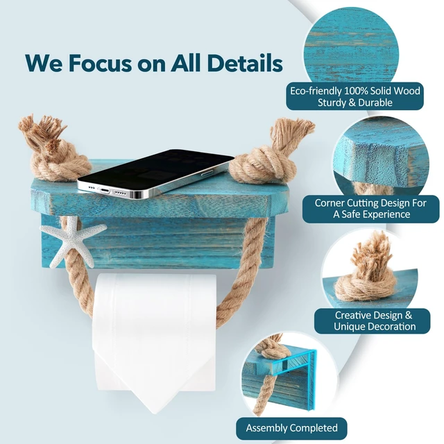 Alt view image 2 of 7 - Rope Toilet Paper Holder Beach Farmhouse Bathroom Decor
Pre-Assembled Wall Mounted Coastal Ocean Starfish Rope Towel Rack Unique Tissue Roll Holder with Wood Shelf Blue