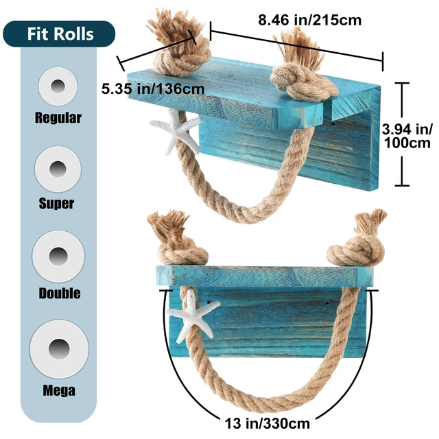Alt view image 4 of 7 - Rope Toilet Paper Holder Beach Farmhouse Bathroom Decor
Pre-Assembled Wall Mounted Coastal Ocean Starfish Rope Towel Rack Unique Tissue Roll Holder with Wood Shelf Blue
