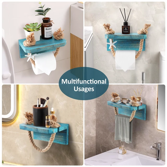 Alt view image 5 of 7 - Rope Toilet Paper Holder Beach Farmhouse Bathroom Decor
Pre-Assembled Wall Mounted Coastal Ocean Starfish Rope Towel Rack Unique Tissue Roll Holder with Wood Shelf Blue