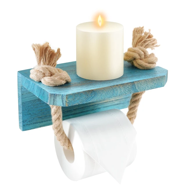 Alt view image 6 of 7 - Rope Toilet Paper Holder Beach Farmhouse Bathroom Decor
Pre-Assembled Wall Mounted Coastal Ocean Starfish Rope Towel Rack Unique Tissue Roll Holder with Wood Shelf Blue