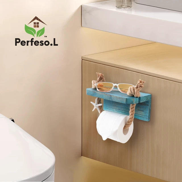 Alt view image 7 of 7 - Rope Toilet Paper Holder Beach Farmhouse Bathroom Decor
Pre-Assembled Wall Mounted Coastal Ocean Starfish Rope Towel Rack Unique Tissue Roll Holder with Wood Shelf Blue
