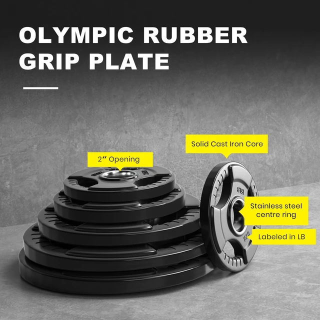 Alt view image 2 of 7 - 2-Inch Olympic Rubber Grip Weight Plates, Cast Iron, 2.5-45 LB
Solid Iron Core, Rubber Coating, 3 Grip Holes, Barbell Plates in Single/Pair/Set, Home Gym Strength Training, 1-Year Warranty