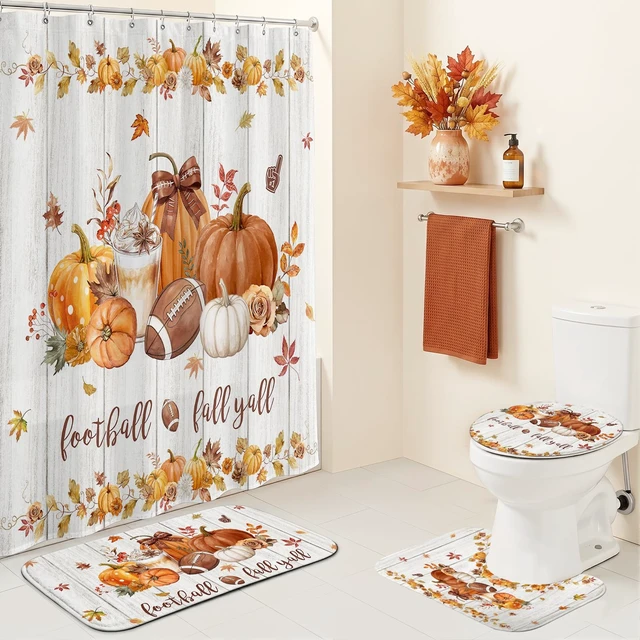 Alt view image 2 of 6 - 4pcs Fall Shower Curtain Set Autumn Pumpkin Bathroom Decor Set 72 X 72 Inch
with Non-Slip Washable Bath Rugs, Toilet Lid Cover Fall Bathroom Decor Accessory Set