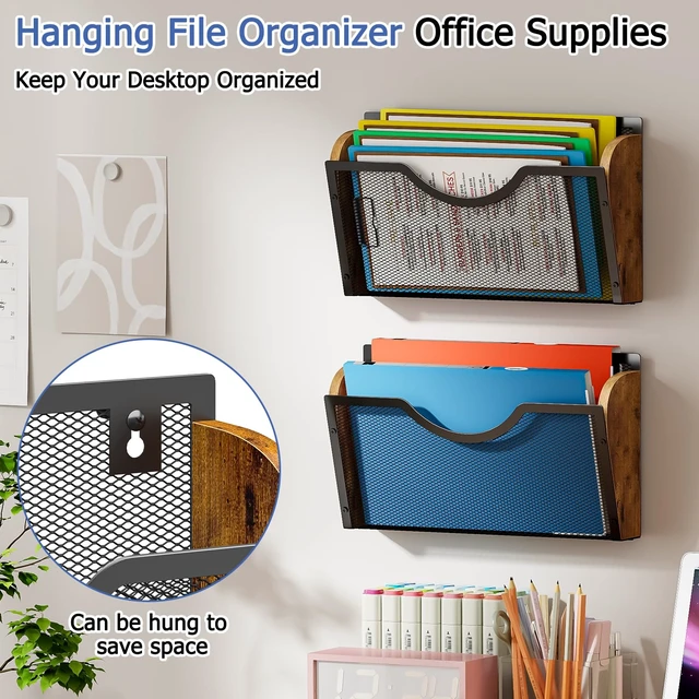 Alt view image 2 of 7 - 3 Pack Wall File Organizer, Metal Mesh Hanging File Folder Holder for Letter/A4 Size Folders, Wall Mounted File Holder, Mail Organizer for Office Home Classroom Paper, Document Organization