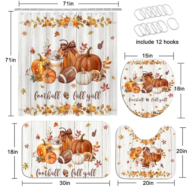 Alt view image 3 of 6 - 4pcs Fall Shower Curtain Set Autumn Pumpkin Bathroom Decor Set 72 X 72 Inch
with Non-Slip Washable Bath Rugs, Toilet Lid Cover Fall Bathroom Decor Accessory Set