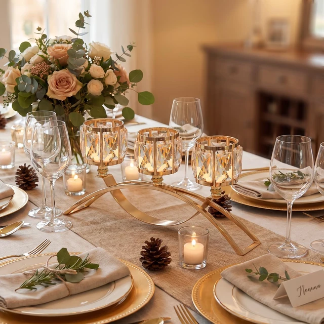 Alt view image 3 of 7 - 3 Arms Crystal Candle Holders, Arch Candlestick Table Candelabras Centerpieces for Wedding, Dinning Room, Cabinet Ornaments, Home Decoration, Gift (3-arm Arched, Gold)