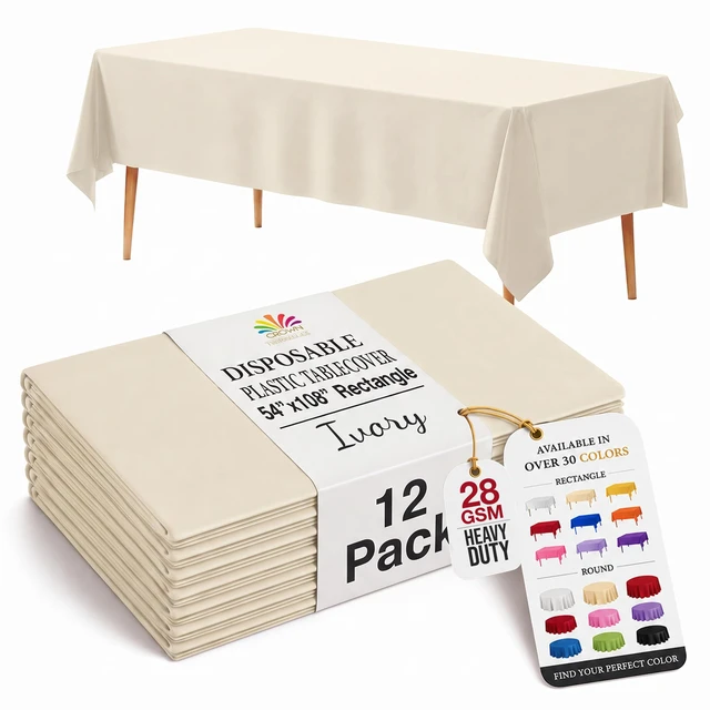 Main image of Ivory Plastic Table Cloth Disposable 12 Pack, 54 x 108 Inch
Disposable, waterproof table cover for parties, birthdays, weddings, graduations, picnics and BBQs; fits 6-8 ft tables
