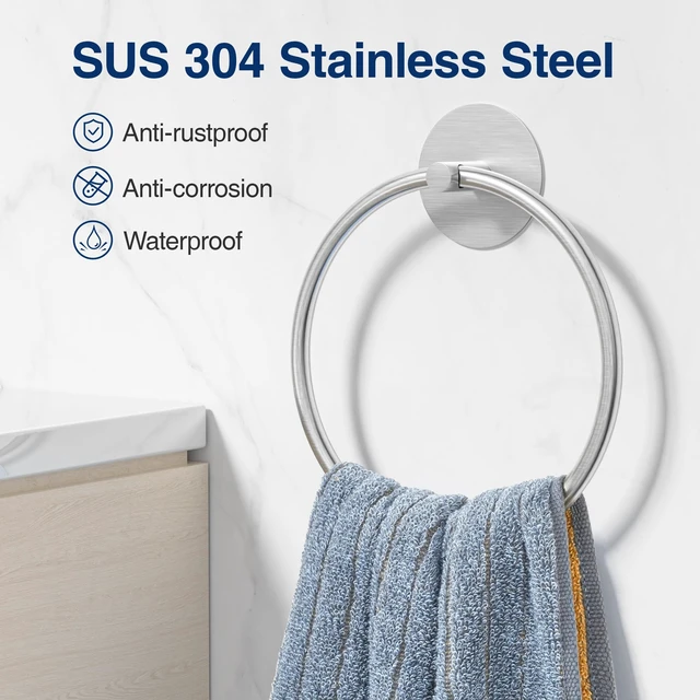 Alt view image 2 of 7 - Brushed Bathroom Towel Ring - SUS304 Stainless Steel Bathroom Towel Rack, Susswiff Adhesive Wall Mounted Hand Towels Holder, Towel Hanger for Bathroom Organizer, Kitchen Storage
