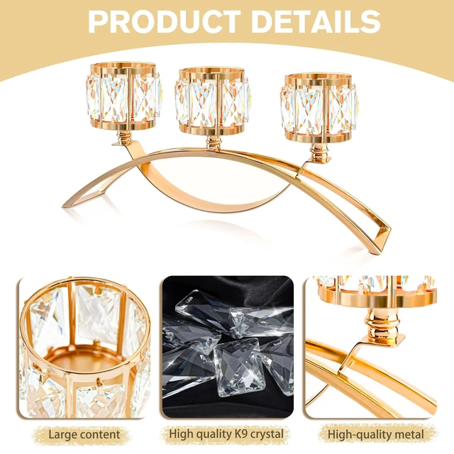 Alt view image 4 of 7 - 3 Arms Crystal Candle Holders, Arch Candlestick Table Candelabras Centerpieces for Wedding, Dinning Room, Cabinet Ornaments, Home Decoration, Gift (3-arm Arched, Gold)