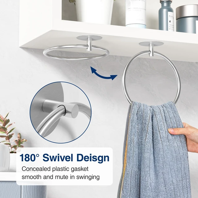 Alt view image 3 of 7 - Brushed Bathroom Towel Ring - SUS304 Stainless Steel Bathroom Towel Rack, Susswiff Adhesive Wall Mounted Hand Towels Holder, Towel Hanger for Bathroom Organizer, Kitchen Storage
