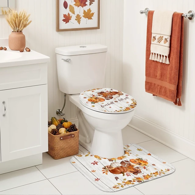 Alt view image 4 of 6 - 4pcs Fall Shower Curtain Set Autumn Pumpkin Bathroom Decor Set 72 X 72 Inch
with Non-Slip Washable Bath Rugs, Toilet Lid Cover Fall Bathroom Decor Accessory Set