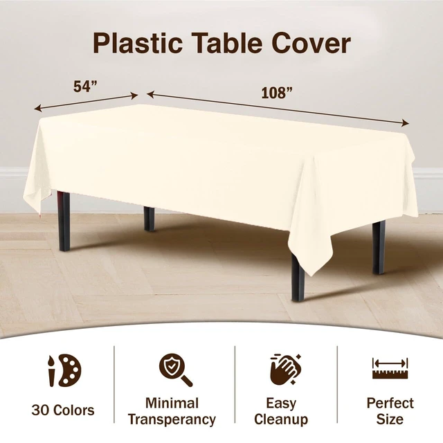 Alt view image 3 of 7 - Ivory Plastic Table Cloth Disposable 12 Pack, 54 x 108 Inch
Disposable, waterproof table cover for parties, birthdays, weddings, graduations, picnics and BBQs; fits 6-8 ft tables