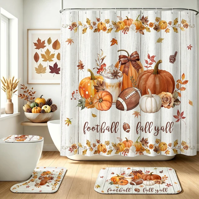 Alt view image 5 of 6 - 4pcs Fall Shower Curtain Set Autumn Pumpkin Bathroom Decor Set 72 X 72 Inch
with Non-Slip Washable Bath Rugs, Toilet Lid Cover Fall Bathroom Decor Accessory Set