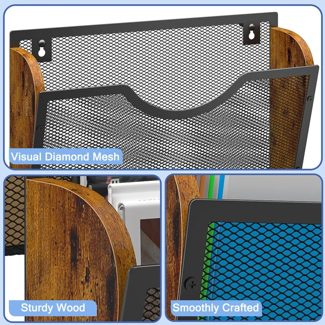 Alt view image 6 of 7 - 3 Pack Wall File Organizer, Metal Mesh Hanging File Folder Holder for Letter/A4 Size Folders, Wall Mounted File Holder, Mail Organizer for Office Home Classroom Paper, Document Organization