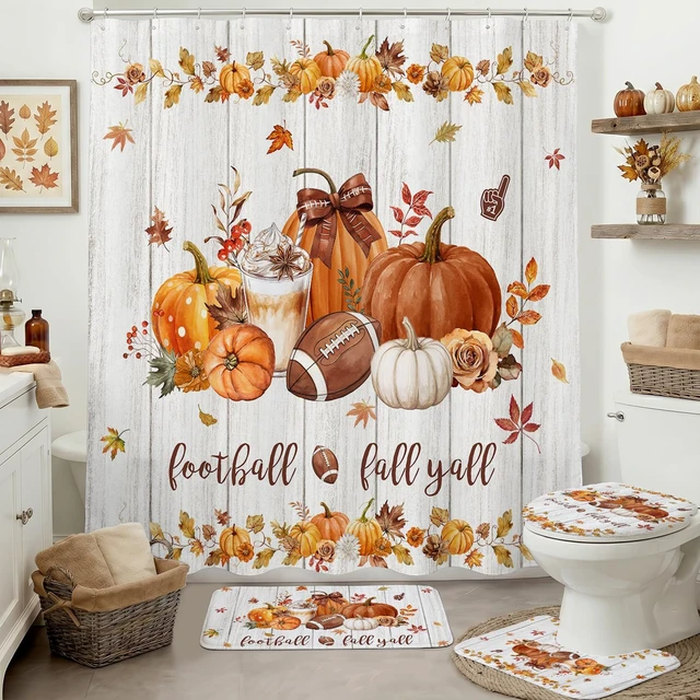 Alt view image 6 of 6 - 4pcs Fall Shower Curtain Set Autumn Pumpkin Bathroom Decor Set 72 X 72 Inch
with Non-Slip Washable Bath Rugs, Toilet Lid Cover Fall Bathroom Decor Accessory Set