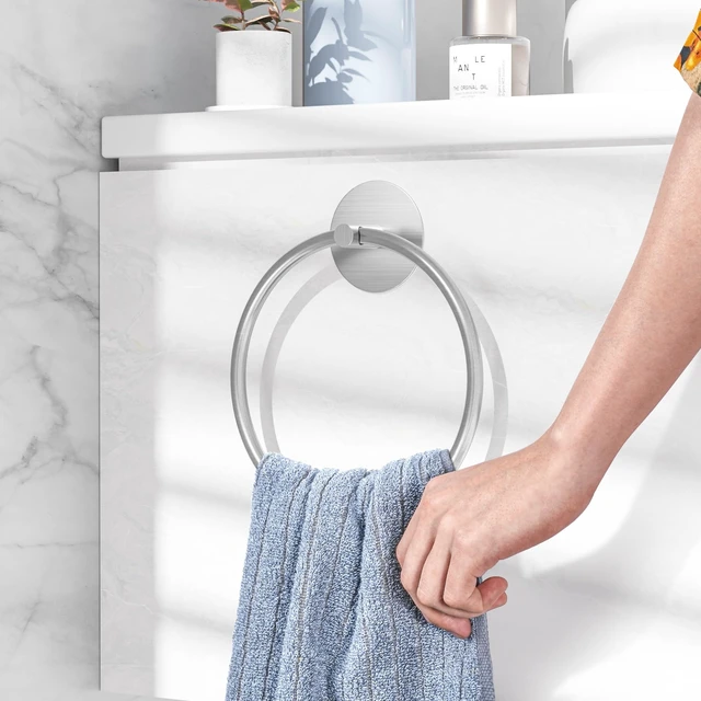 Alt view image 6 of 7 - Brushed Bathroom Towel Ring - SUS304 Stainless Steel Bathroom Towel Rack, Susswiff Adhesive Wall Mounted Hand Towels Holder, Towel Hanger for Bathroom Organizer, Kitchen Storage