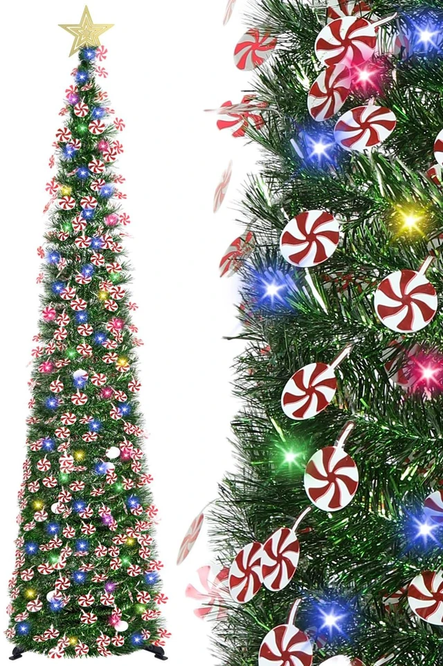 Main image of 6 FT Pop Up Tinsel Christmas Tree with 100 Colored Timer Lights & Remote, Green Candy Collapsible Artificial Pencil Tree Xmas Decoration for Home, Office, Party, USB Powered, Easy Assembly