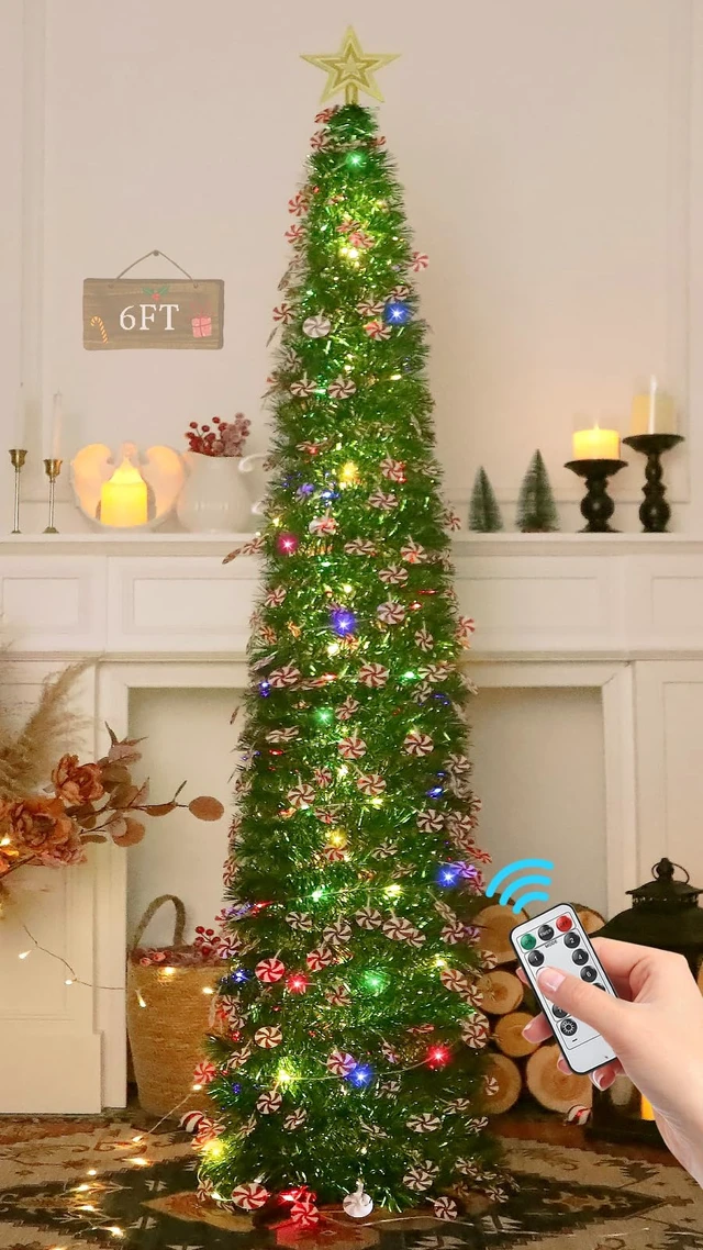 Alt view image 2 of 7 - 6 FT Pop Up Tinsel Christmas Tree with 100 Colored Timer Lights & Remote, Green Candy Collapsible Artificial Pencil Tree Xmas Decoration for Home, Office, Party, USB Powered, Easy Assembly