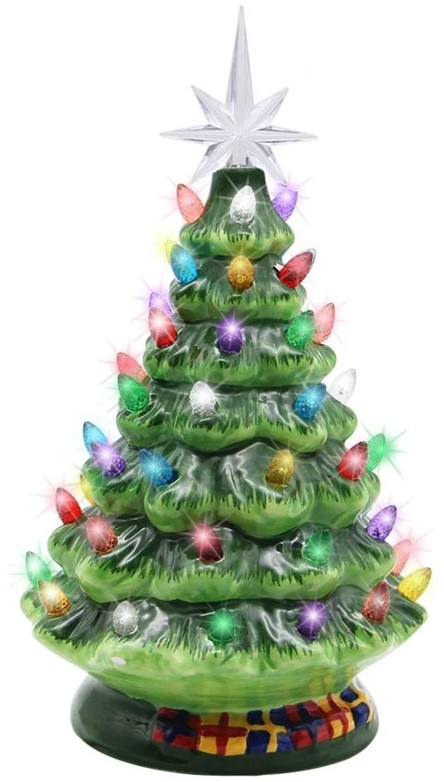Main image of 10" Ceramic Christmas Tree, Tabletop Christmas Tree Lights Decorations with 54 Multicolored Lights and 7 Point Star Topper for Christmas Table Decorations, Green