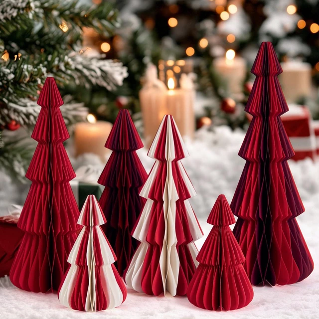Main image of 6 PCS Honeycomb Paper Christmas Tree Red White Paper Christmas Tree Decor 3D Honeycomb Trees Table Centerpiece Vintage Reusable Table Decor for Xmas Holiday Home Party Decorations