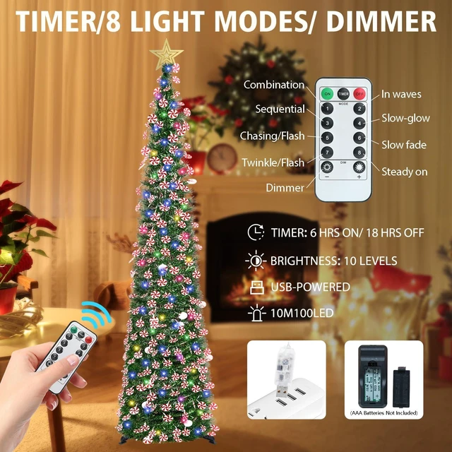 Alt view image 3 of 7 - 6 FT Pop Up Tinsel Christmas Tree with 100 Colored Timer Lights & Remote, Green Candy Collapsible Artificial Pencil Tree Xmas Decoration for Home, Office, Party, USB Powered, Easy Assembly
