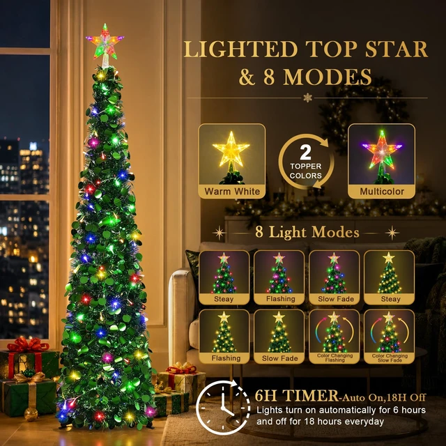 Alt view image 2 of 7 - 5FT Pop Up Christmas Tree with Lighted Top Star for Christmas Decorations
Collapsible Tinsel Pencil Tree with 2-Color Lighted Tree Topper Easy Assembly for Apartment Porch Corner Party XMAS Decor