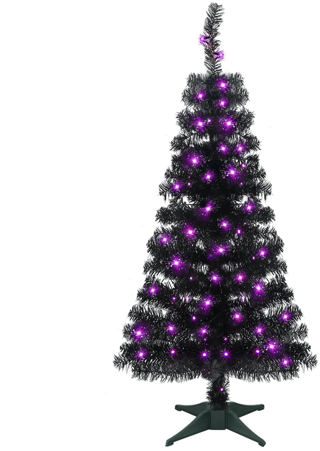 Main image of Lighted Artificial Halloween Black Christmas Tree, 4FT Black Tinsel Pine Tree with 70 LED Purple Lights, 8 Modes & Timer for Home Party Decorations