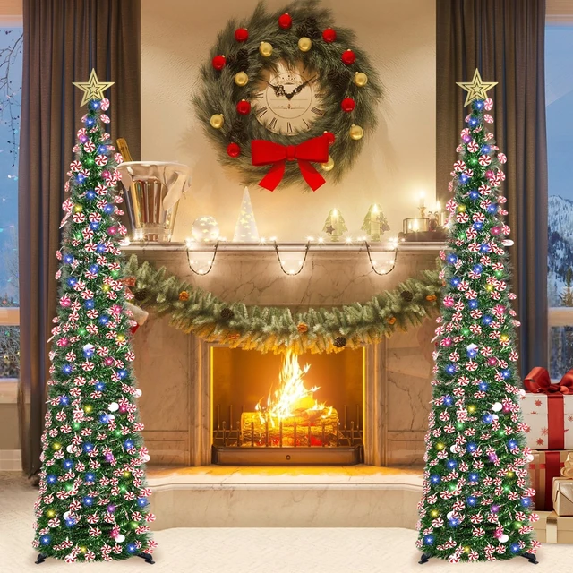 Alt view image 4 of 7 - 6 FT Pop Up Tinsel Christmas Tree with 100 Colored Timer Lights & Remote, Green Candy Collapsible Artificial Pencil Tree Xmas Decoration for Home, Office, Party, USB Powered, Easy Assembly