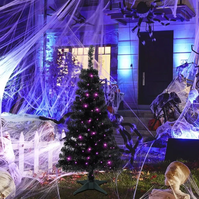 Alt view image 2 of 7 - Lighted Artificial Halloween Black Christmas Tree, 4FT Black Tinsel Pine Tree with 70 LED Purple Lights, 8 Modes & Timer for Home Party Decorations
