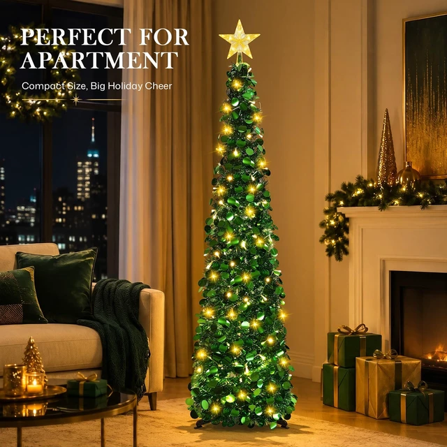 Alt view image 3 of 7 - 5FT Pop Up Christmas Tree with Lighted Top Star for Christmas Decorations
Collapsible Tinsel Pencil Tree with 2-Color Lighted Tree Topper Easy Assembly for Apartment Porch Corner Party XMAS Decor