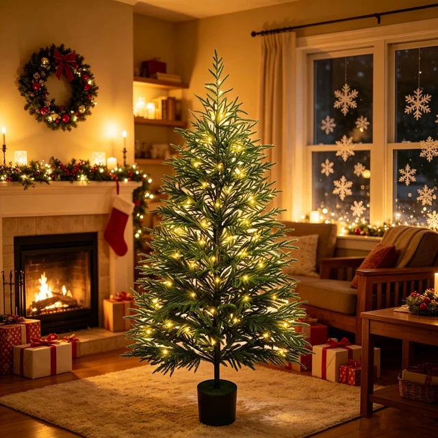 Alt view image 2 of 7 - 5FT Norfolk Pine Artificial Christmas Tree with Lights
Timer, 120 LEDs, Realistic Potted Trees, Lighted Xmas Tree, For Indoor Outdoor Front Porch Yard Bedroom