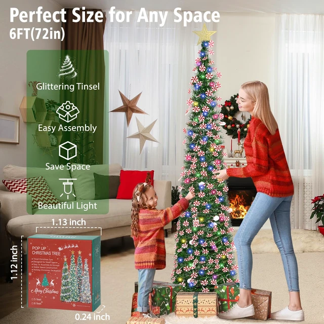Alt view image 5 of 7 - 6 FT Pop Up Tinsel Christmas Tree with 100 Colored Timer Lights & Remote, Green Candy Collapsible Artificial Pencil Tree Xmas Decoration for Home, Office, Party, USB Powered, Easy Assembly