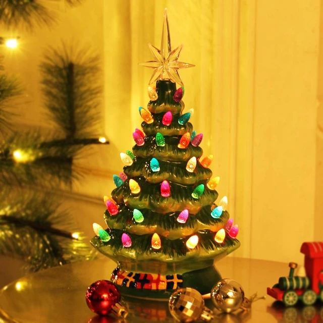 Alt view image 5 of 7 - 10" Ceramic Christmas Tree, Tabletop Christmas Tree Lights Decorations with 54 Multicolored Lights and 7 Point Star Topper for Christmas Table Decorations, Green